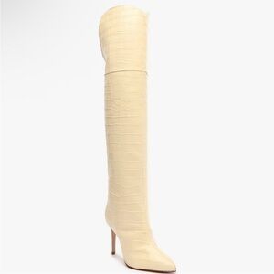 Schutz Maryana Over The Knee Leather Croc Embossed Cream Eggshell Heeled Boots